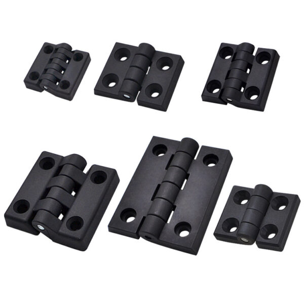 Various sizes of black nylon hinges